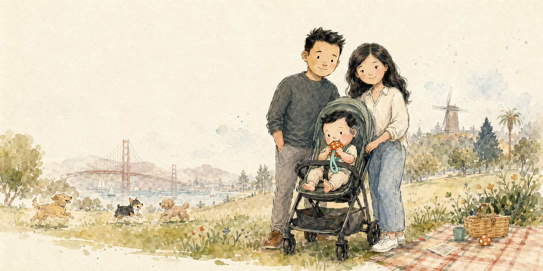 Storybook watercolor illustration of Daniel, Lisa, and Anderson in a San Francisco park